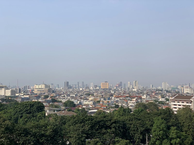 Jakarta skyline of high-rise towers seen above green trees under a clear sky