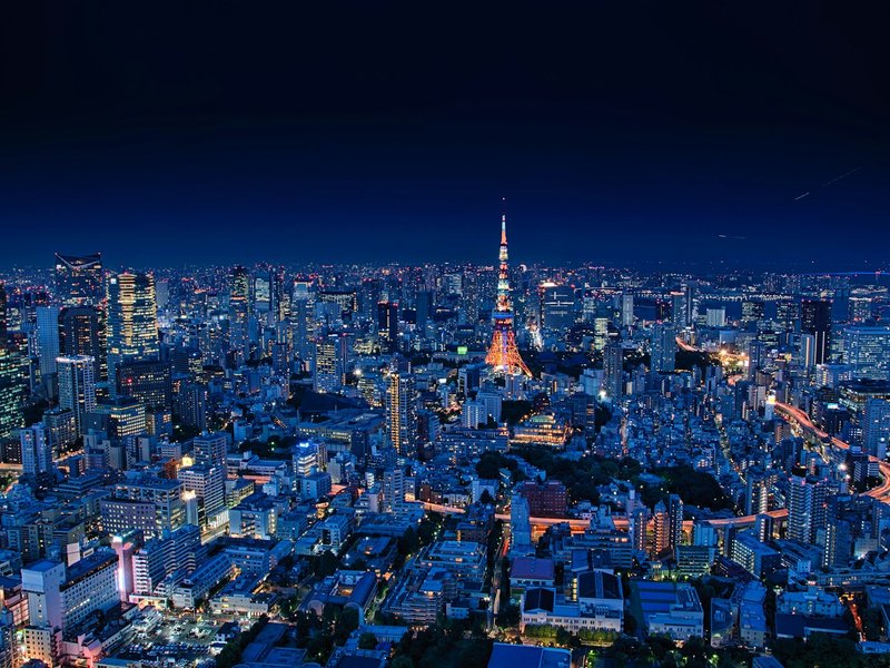 Tokyo skyline at night with Tokyo Tower lit up, seen from above